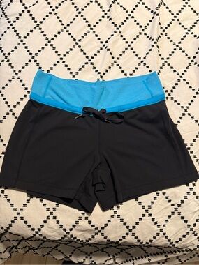 lululemon athletica Black Athletic Shorts with Blue Fold-Over Waistband